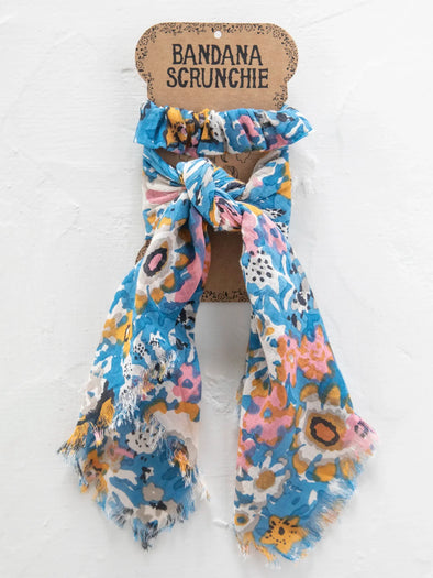 Blue Tan Floral Bandana Scrunchie