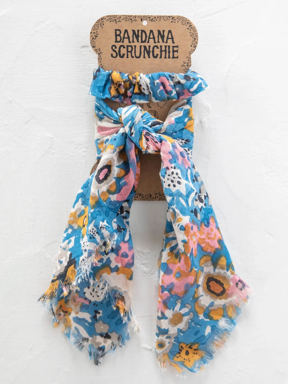 Blue Tan Floral Bandana Scrunchie