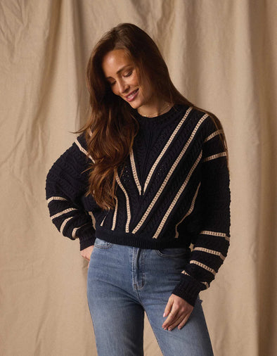 Apres Chevron Sweater in Navy/Birch Stripe
