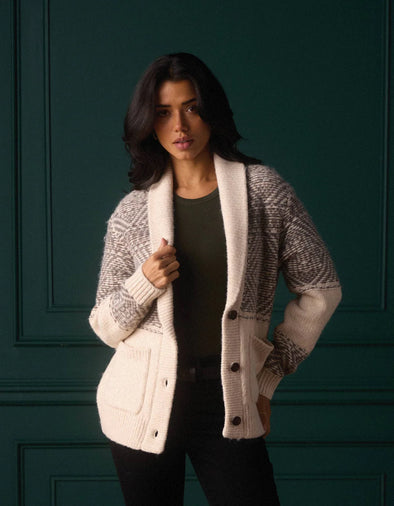 Shawl Collar Heritage Cardigan in Cream Multi