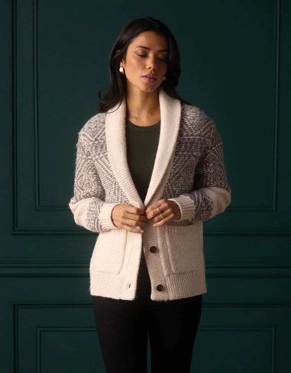 Shawl Collar Heritage Cardigan in Cream Multi