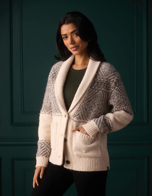 Shawl Collar Heritage Cardigan in Cream Multi