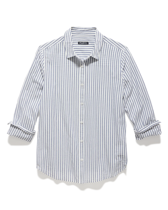 Crane Striped Woven Long Sleeve Shirt Navy & White