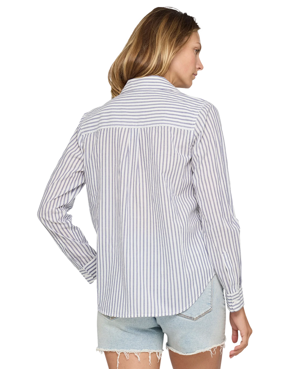 Crane Striped Woven Long Sleeve Shirt Navy & White