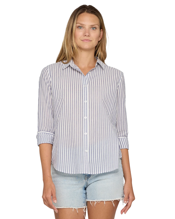 Crane Striped Woven Long Sleeve Shirt Navy & White