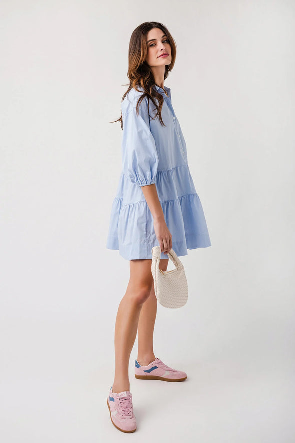 Elan 3/4 Sleeve Collared Tiered Blue Striped Dress