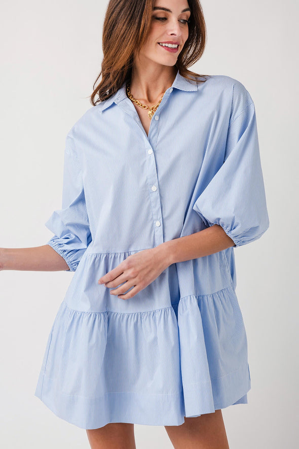 Elan 3/4 Sleeve Collared Tiered Blue Striped Dress
