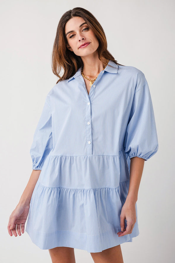 Elan 3/4 Sleeve Collared Tiered Blue Striped Dress