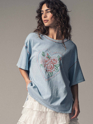 Vintage Rose Heart Floral Oversized Graphic Tee