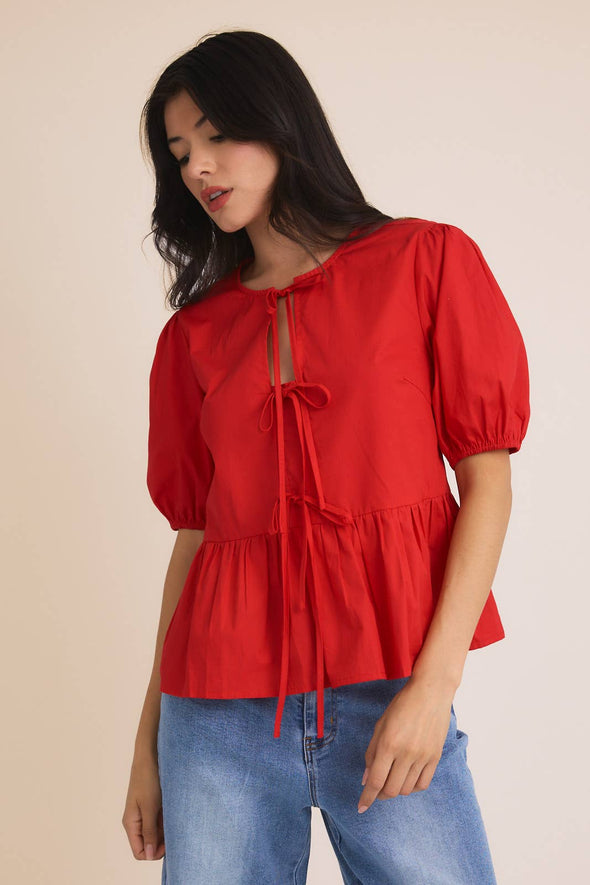 FRONT TIES PUFF HALF SLEEVE BLOUSE