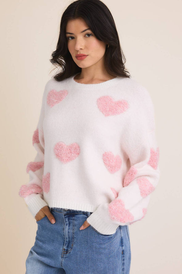 ROUND NECK LONG SLEEVE HEART SWEATER