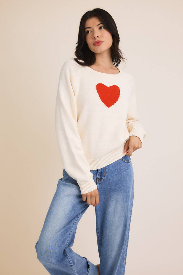 ROUND NECK RAGLAN LONG SLEEVE CHUNKY "HEART" SWEATER