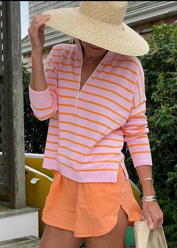 1/2 Zip Cotton Sweater Stripe Pink\Orange
