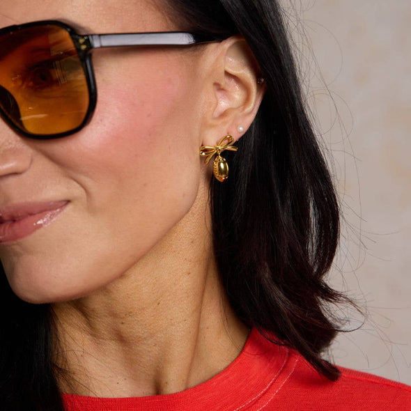 Gold Football & Bow Drop Studs