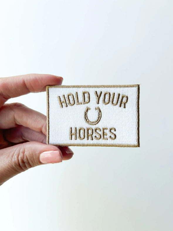 Brown and White Hold Your Horses Iron On Patch