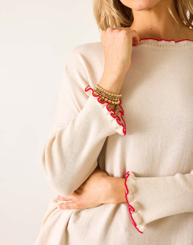 Catalina Cotton Sweater In Warm Cream/Ribbon Red
