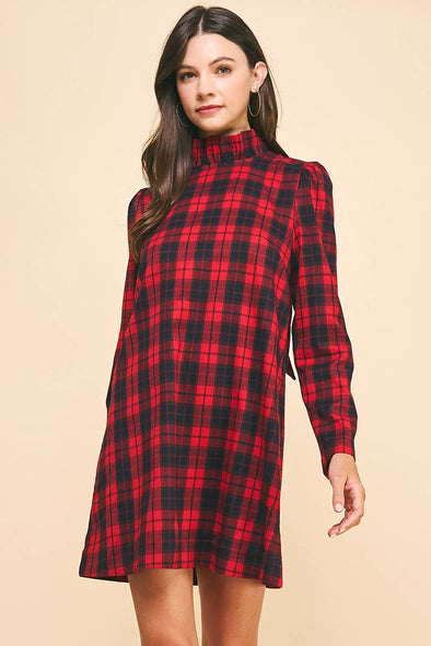 BACK NECK TIED PLAID MINI DRESS RED