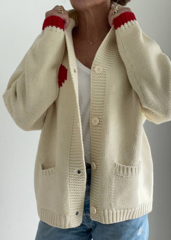Varsity Chunky Heart Cardigan In Ivory
