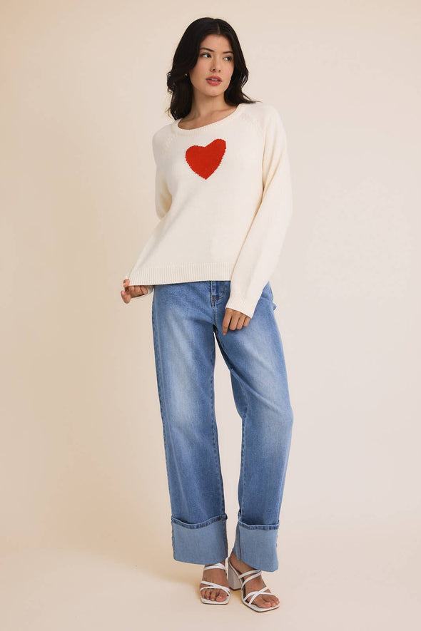 ROUND NECK RAGLAN LONG SLEEVE CHUNKY "HEART" SWEATER