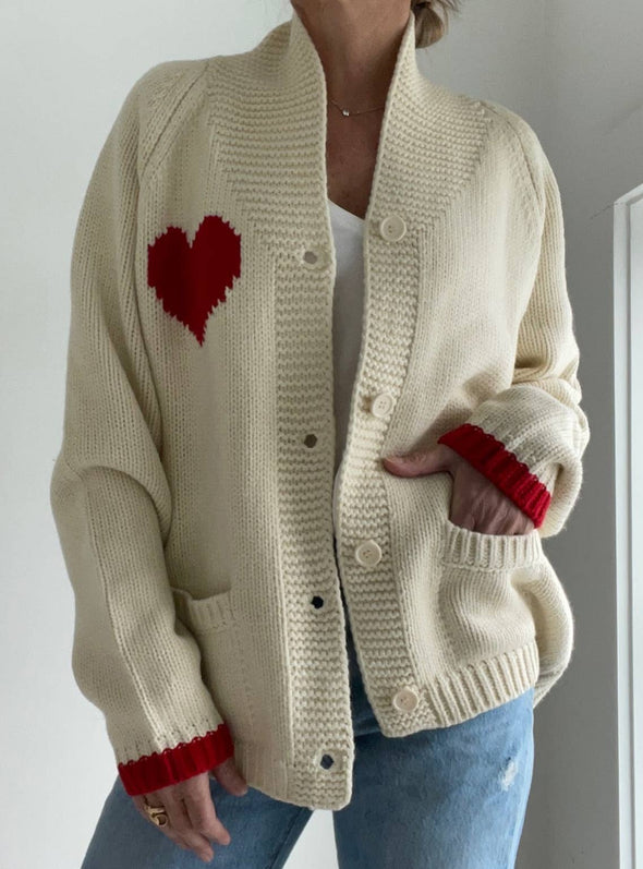 Varsity Chunky Heart Cardigan In Ivory