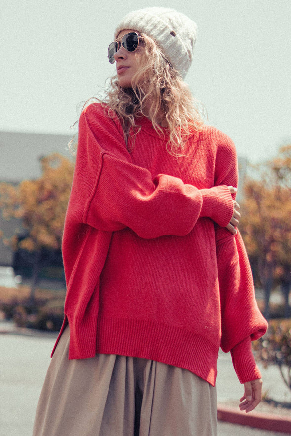 Red Oversized Cotton Knit Sweater