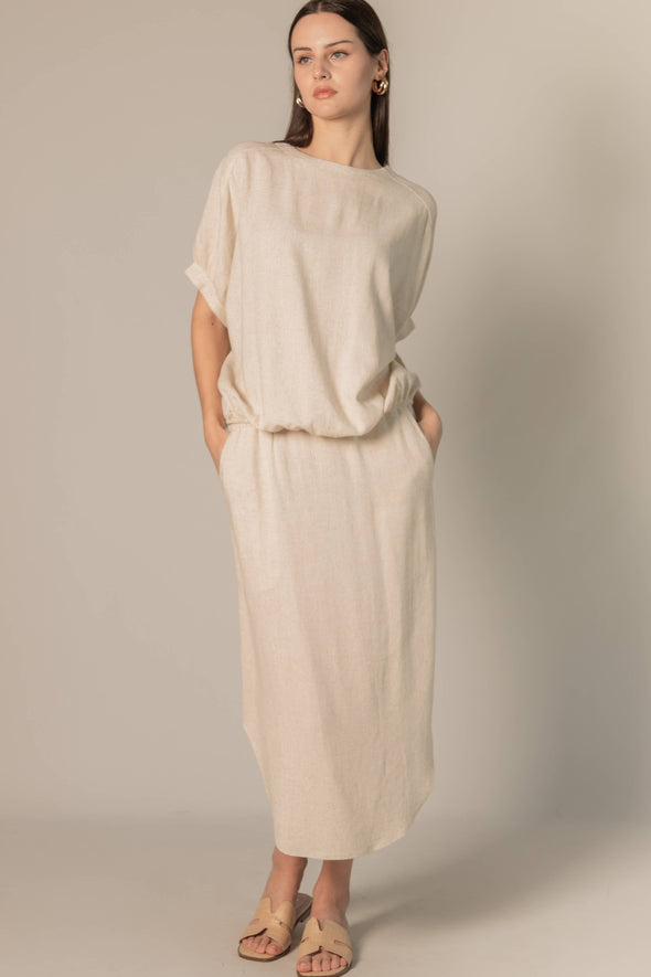 P.CILL Linen 3/4 Sleeve Round Neck Elastic Waistband Top