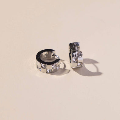 Silver Pavé Checkered Huggies