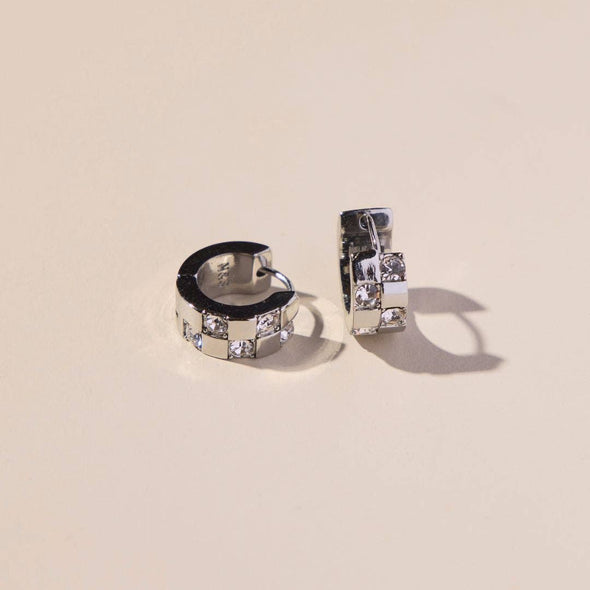 Silver Pavé Checkered Huggies