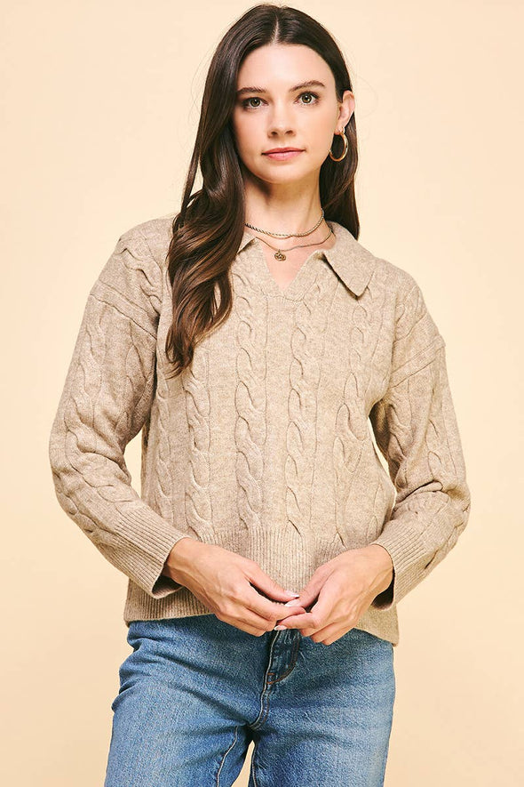 CABLE KNIT COLLARED SWEATER TOP - OATMEAL