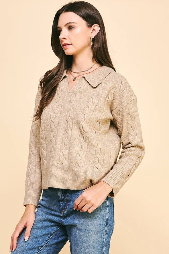 CABLE KNIT COLLARED SWEATER TOP - OATMEAL