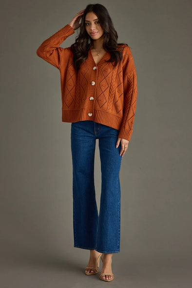 Nina Button Up Cardigan In Rust