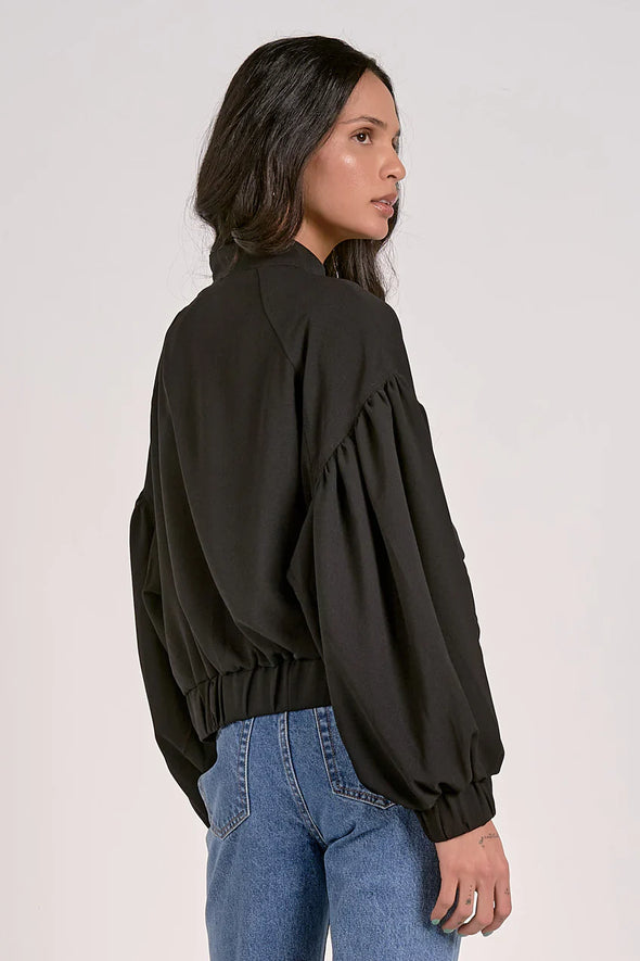 Elan Jacks Jacket Balloon Sleeve Zip Bomber Jacket- Black