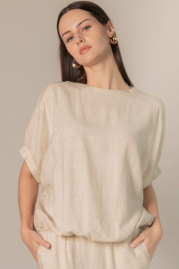 P.CILL Linen 3/4 Sleeve Round Neck Elastic Waistband Top