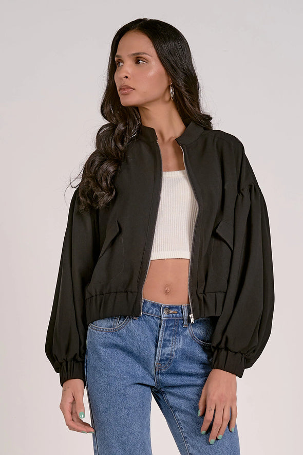 Elan Jacks Jacket Balloon Sleeve Zip Bomber Jacket- Black