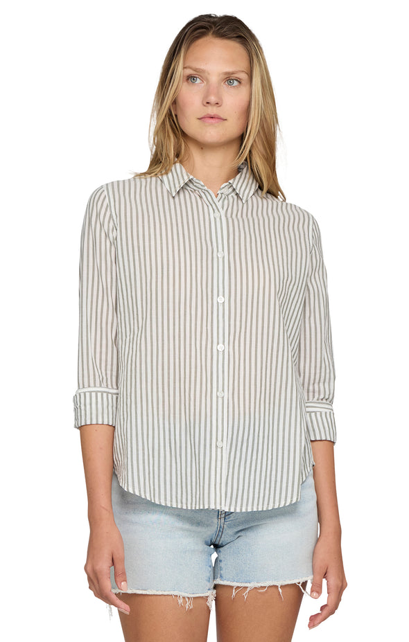 Crane Striped Woven Long Sleeve Shirt Olive