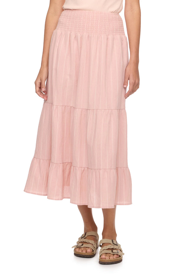 LAVINA SMOCKED WB TIERED MIDI SKIRT