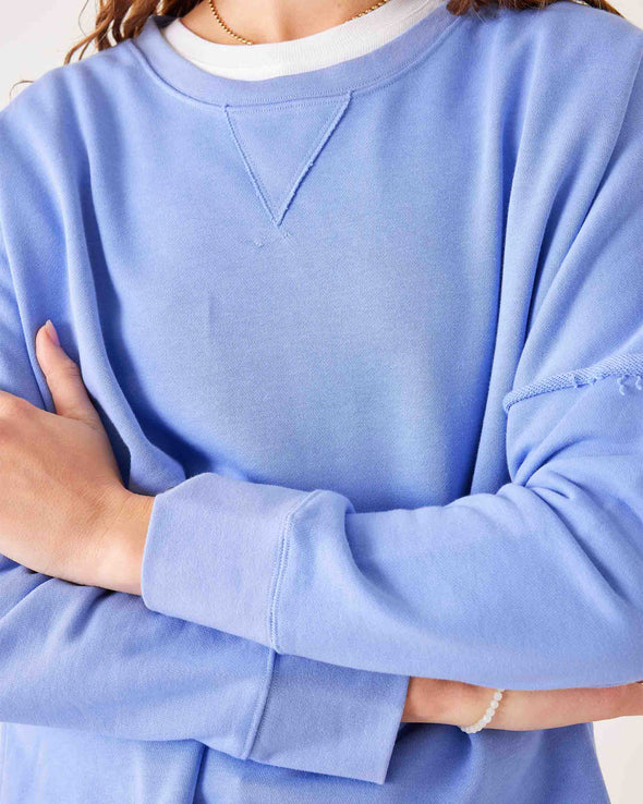Frenchie Raw Edge Crewneck Sweatshirt In Periwinkle Blue