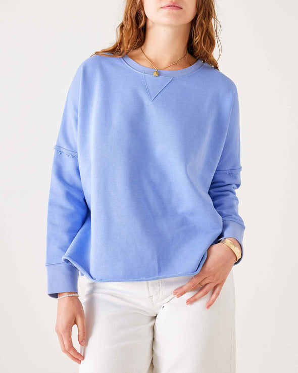 Frenchie Raw Edge Crewneck Sweatshirt In Periwinkle Blue
